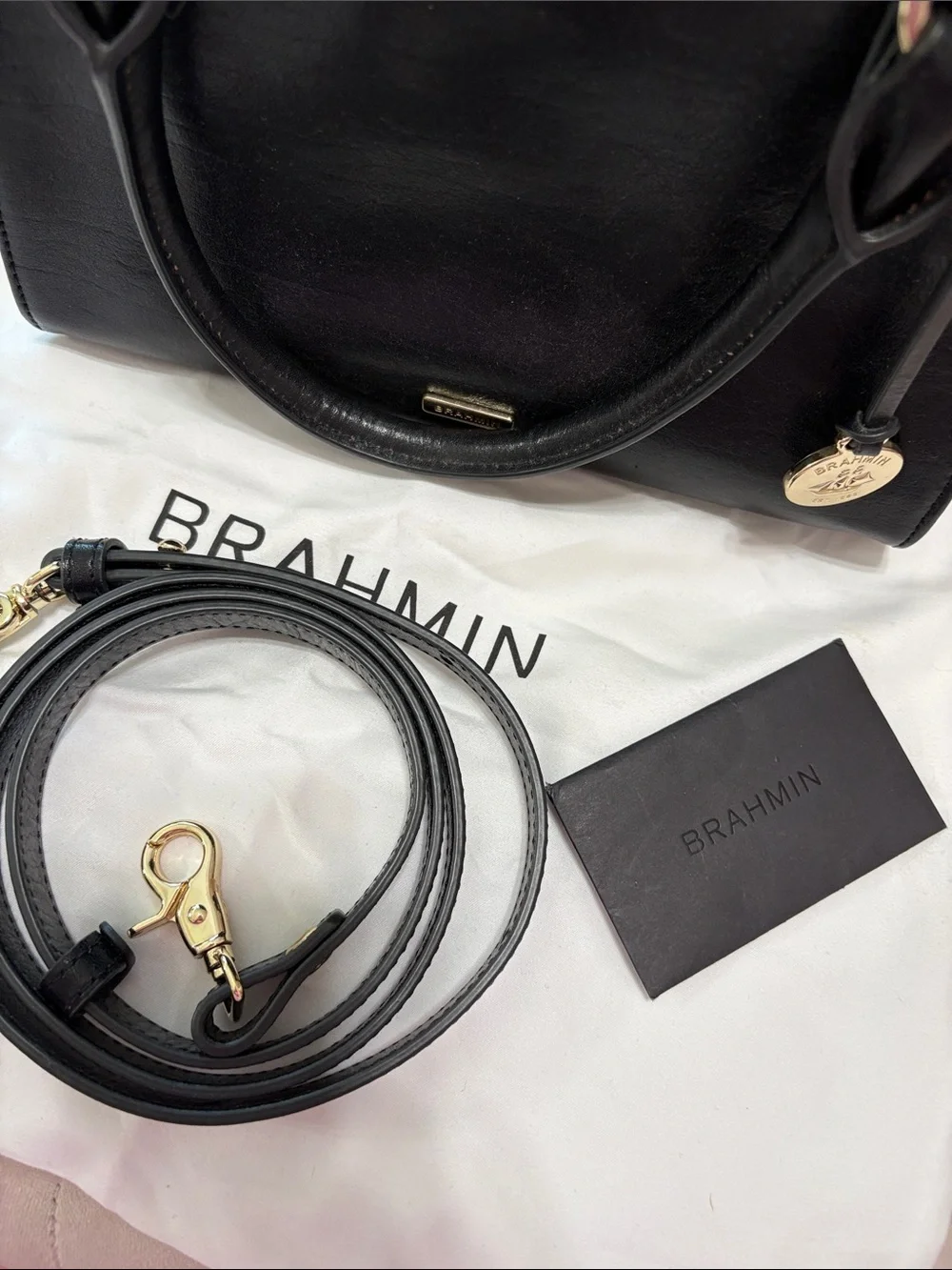 Brahmin Black Leather Satchel with Gold Hardware and Detachable Strap